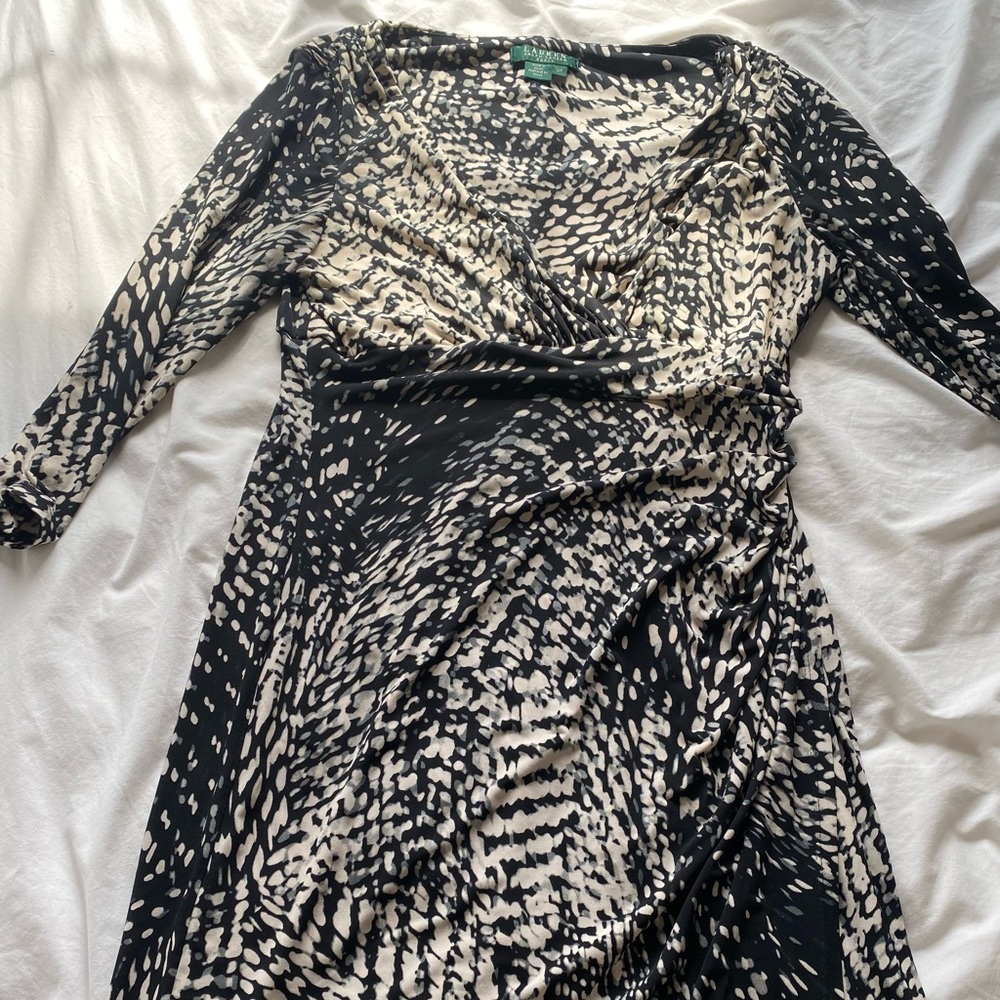 Ralph Lauren teal, black, cream pattern faux knee-length wrap dress Size: 12P